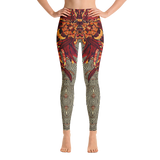 Full length yoga leggings in beautiful print featuring abstracted flowers, flame-like graphics and zig-zaggy black and off-white stripes. Designed by artist Andrea Matus.