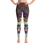Full length yoga leggings with soft wide waistband in beautiful print featuring abstracted, graphic florals in purples, blues, and white. Designed by artist Andrea Matus.