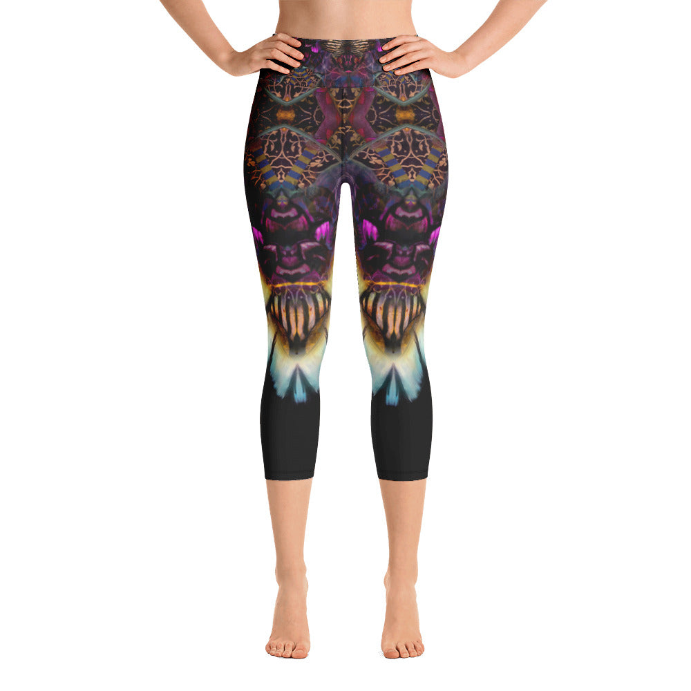 Capri style yoga leggings in beautiful print featuring abstracted florals in purples, blues, and white. Designed by artist Andrea Matus.