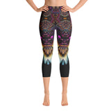 Capri style yoga leggings in beautiful print featuring abstracted florals in purples, blues, and white. Designed by artist Andrea Matus.