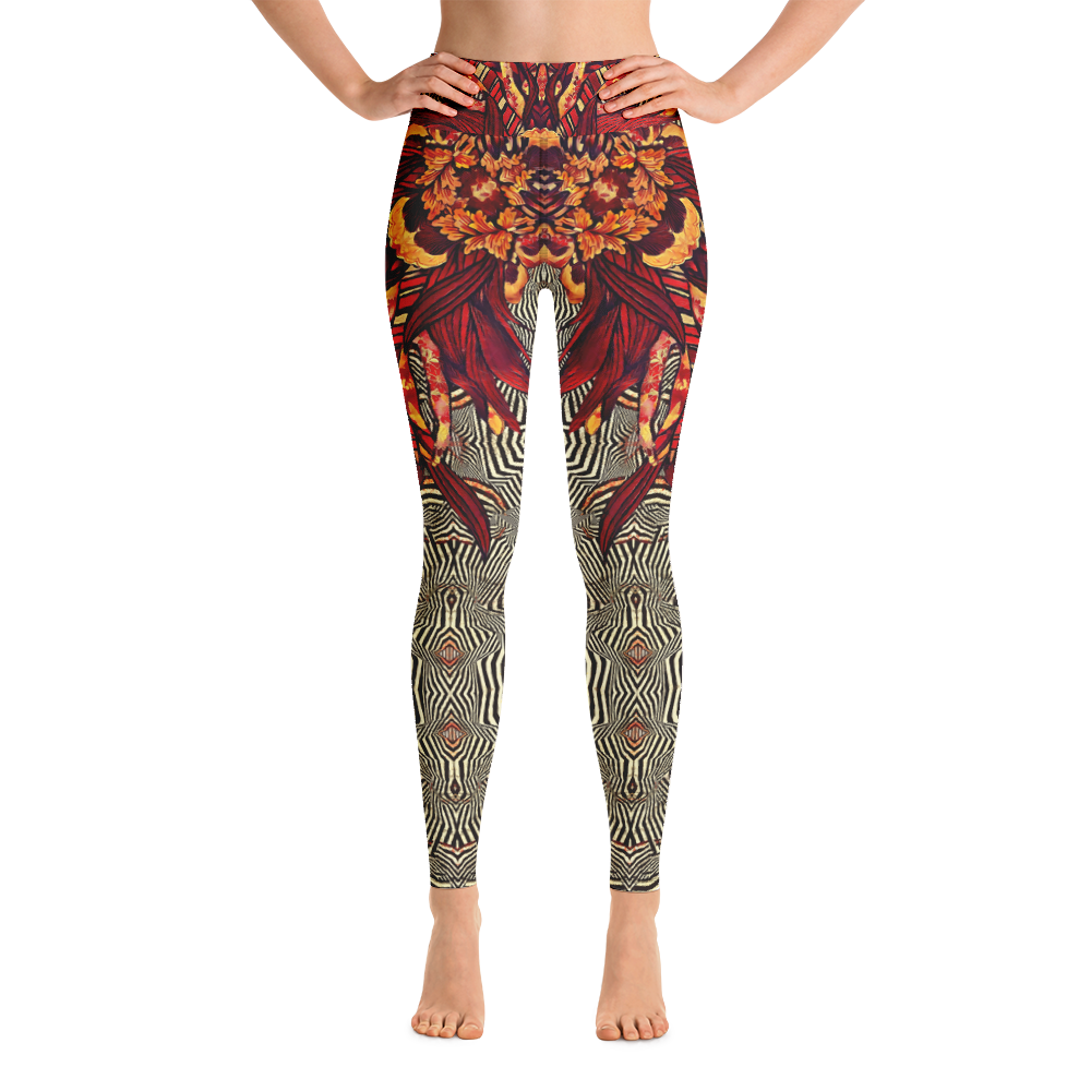 Full length yoga leggings in beautiful print featuring abstracted flowers, flame-like graphics and zig-zaggy black and off-white stripes. Designed by artist Andrea Matus.
